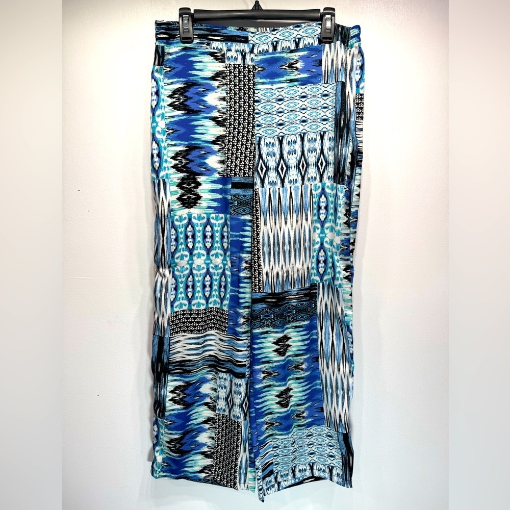 Turquoise Blue Patchwork Print Wide Leg Ankle Length Palazzo Pants Lightweight